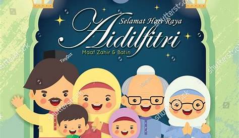 Selamat Hari Raya Aidilfitri. Cartoon Cute Muslim Family Holiday