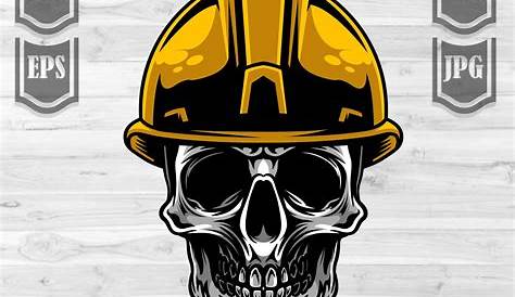 Repair workshop logo on dark background - skull in a hard hat with