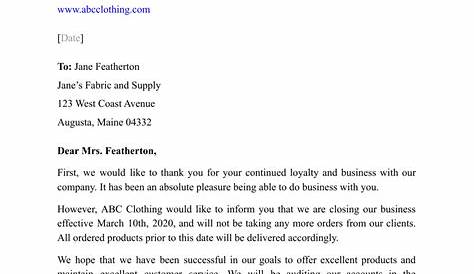 Small Business Sample Letter Of Closure Of Business