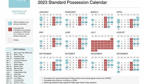 2023 Texas Standard Possession Calendar for Child Custody GBA