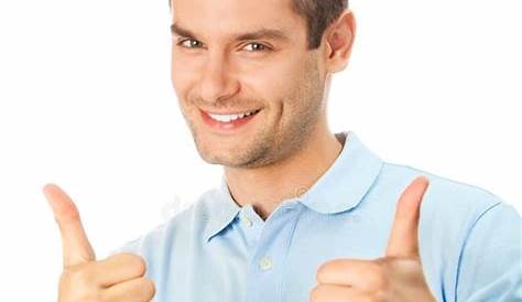 Happy Man Thumbs Up Sign Full Length Portrait On White Background Stock