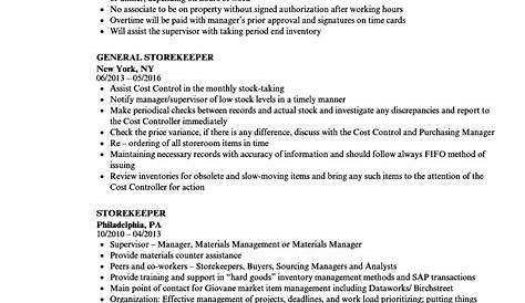 Store Keeper Cv Format keeper Resume Resume
