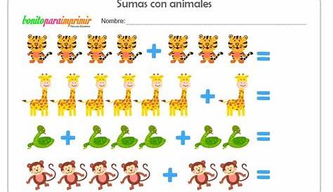 Fichas para niños de sumas con animales. Recursos educativos gratis.