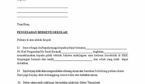 Contoh Surat Berhenti Sekolah Rendah - Doc Surat Berhenti Kerja Dan