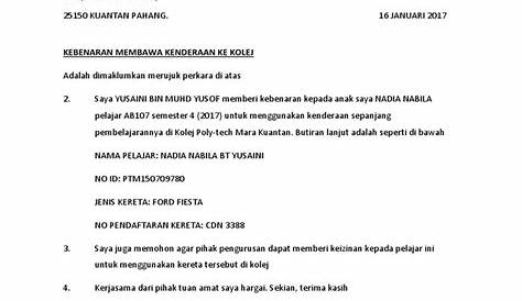 Contoh Surat Kebenaran Menggunakan Kenderaan Permohonan Menggunakan