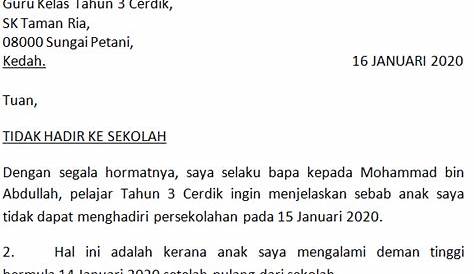 Contoh Surat Rasmi Tidak Hadir Ke Sekolah Yang Ringkas Latest - Letter