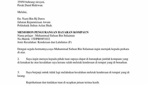 Ontok Surat Rayuan Kurangkan Bayaran Kompaun