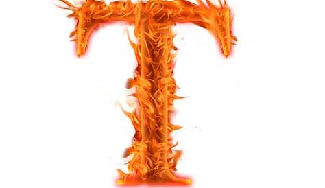 the letter t in fire on a black background stock photo