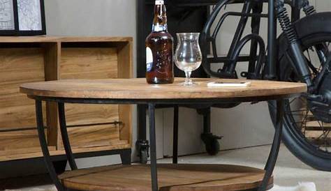 Table Basse Style Industriel Ronde Metal Et Bois De Recuperation Massif