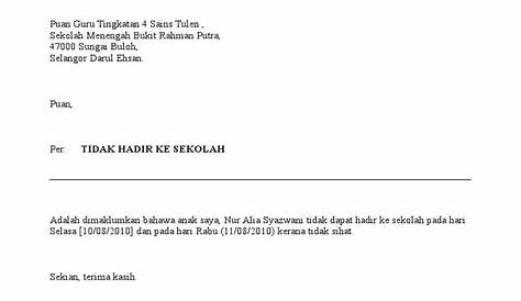 Surat Kiriman Rasmi Tidak Hadir Ke Sekolah Kerana Sakit