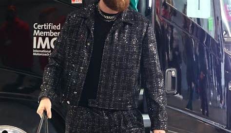 See Travis Kelce's Black Shimmery Suit for Super Bowl 2024