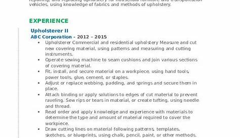 Upholstery Skills Resume Fabric Manager Samples Velvet Jobs