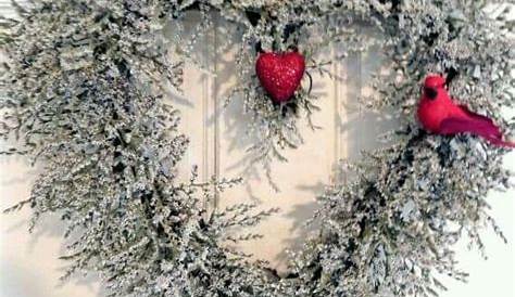 Valentines Decorations On Winter Wreath Snow Frt Door For