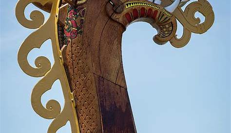 Replica Dragons head on a viking longship at a historical reenactment