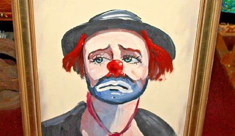 Vintage Sad Clown Velvet Painting. Wood frame. Made in