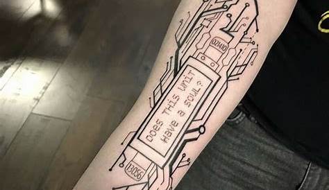 Black ink sleeve tattoo of schematic picture with lettering