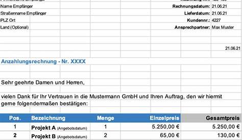 Anzahlungsrechnung Muster als Word & Excel