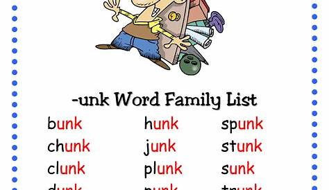 -Unk Word Family Worksheets No Prep Short Vowel U Chunk Spelling