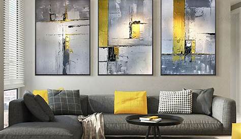 No Frame 3 Panels Abstract Yellow Grey Watercolor Painting On Canvas