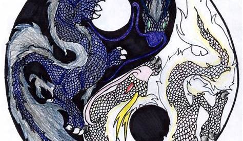 Yin Yang with Dragon is Drawn in Ink with Black Blotches and Splashes