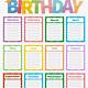 Birthday List Template Free
