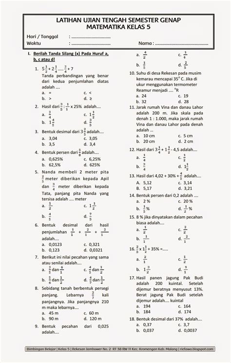 Contoh Soal Matematika Kelas 5 Semester 2 Kurikulum 2013