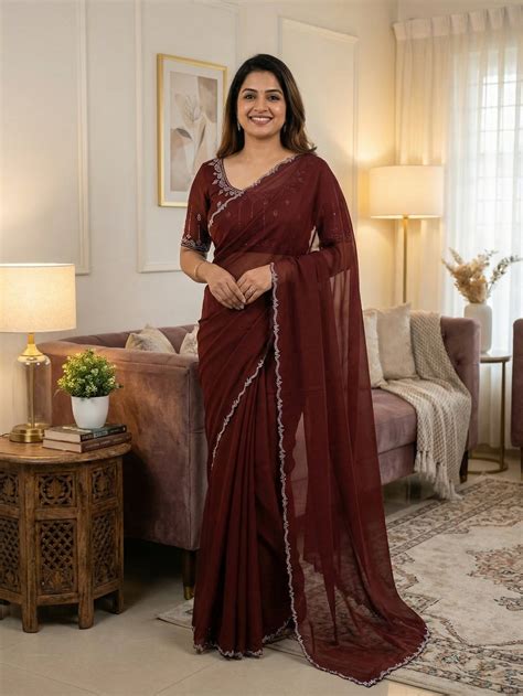 Classic Maroon Solid Chiffon Saree Featuring Subtle Stone Work Border