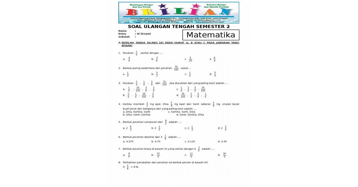 soal uts matematika kelas 6 semester 2