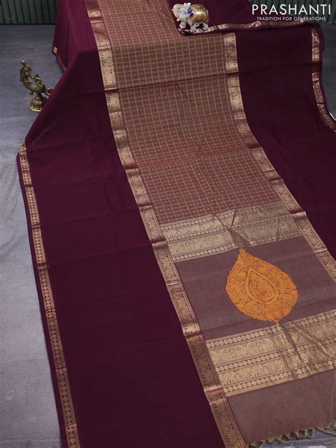 Kanchi cotton saree sandal and deep maroon with allover thread checks ...