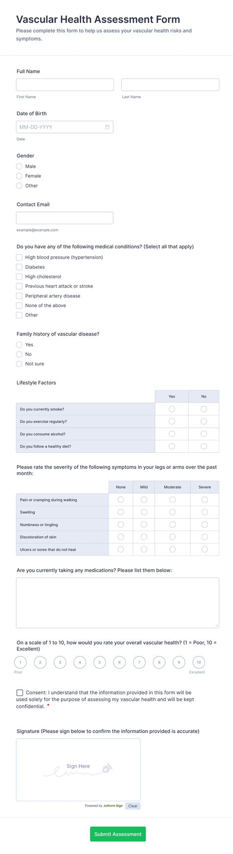 Vascular Health Assessment Form | Jotform