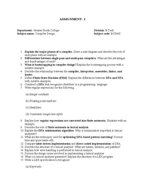 BCS602 Assignment-1 CD: Practice Questions for Compiler Design Unit 1 ...