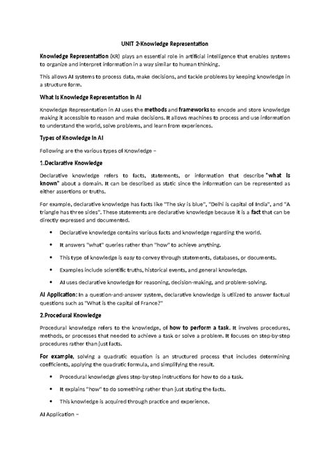 UNIT 2: Knowledge Representation in AI - Concepts & Types - Studocu