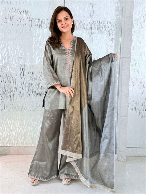 Grey Embroidered Tissue Suit- Set of 3