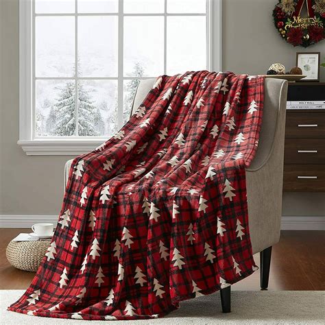 Christmas Tartan Throw Blanket Soft Fleece Red Black Plaid Pattern On