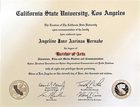 Barelor Of Arta From California State Losangeles University Diploma Certificate Fakedocshop