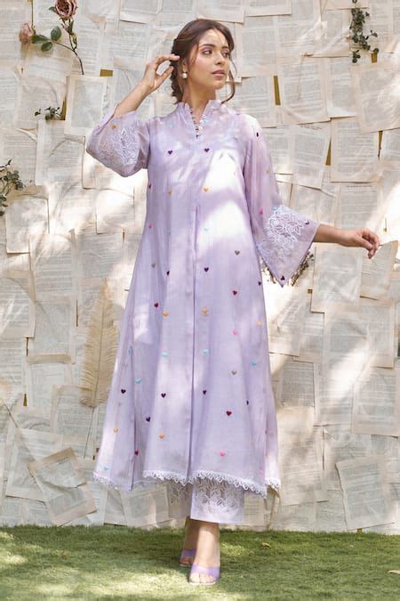 Buy Purple Cotton Chanderi Embroidered And Heart Kurta & Pant Set For ...