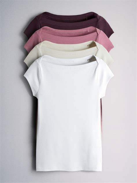 Buy The Set 4 Pack Boat Neck Cap Sleeve Ribbed Tops Dark Pink/Plum ...