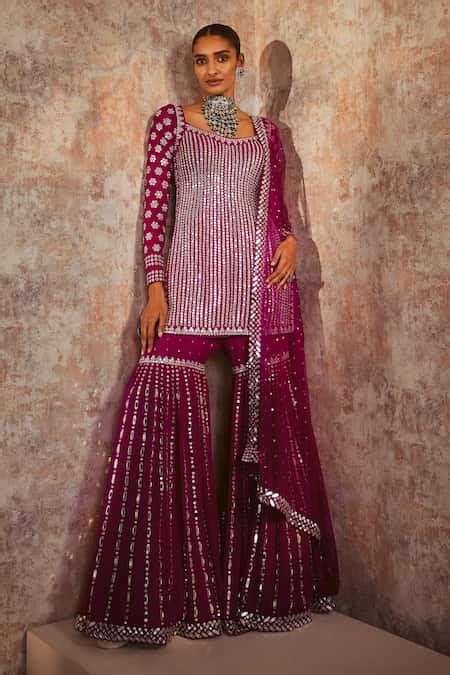 Buy Wine Georgette, Net Embroidery, Mirrors Scoop Neck Straight Kurta ...