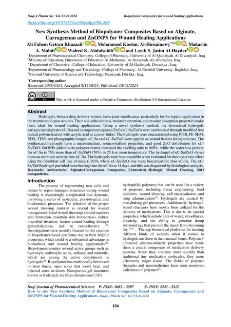 PDF New Synthesis Method Of Biopolymer Composites Based On Alginate Carrageenan And ZnONPS