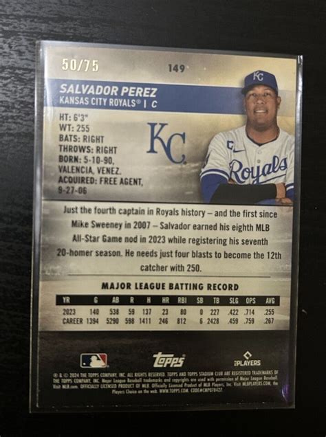 2024 Topps Stadium Club Salvador Perez Purple Foil Parallel SP 149 Royals 50 75 EBay