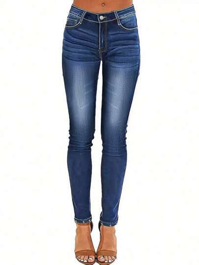 Calça jeans casual lavada, elástica e de corte slim para a primavera ...