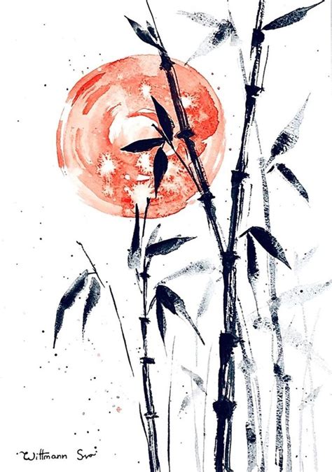 Original Painting Bamboo Wall Art Japanese Japan Watercolor Minimal