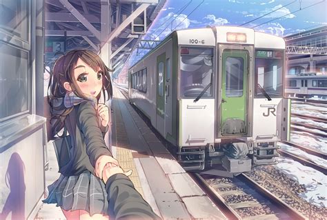 Wallpaper Anime Girls Vehicle Artwork Train Station Original Characters Scarf Passenger