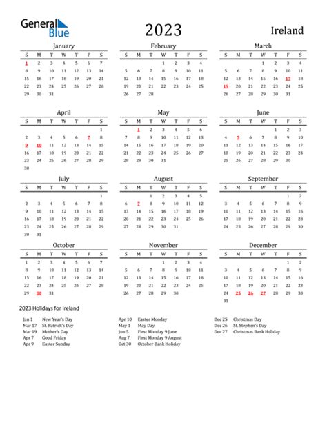 2023 Ireland Calendar With Holidays