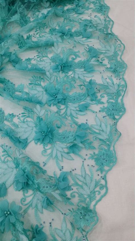 Blue Lace Fabric Beaded Luxury 3d Lace Fabric Hand Beaded Design