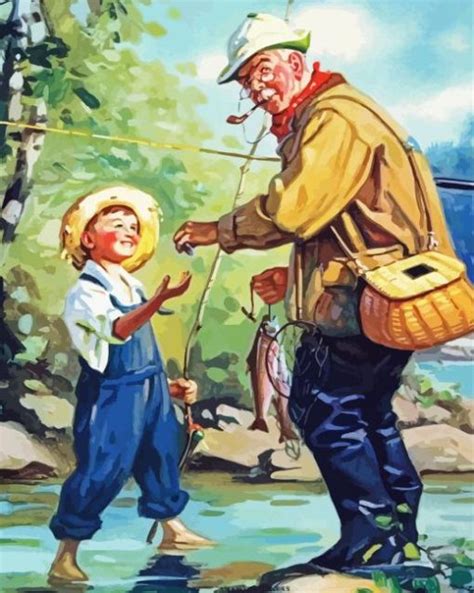 Vintage Grandpa Fishing With Grandson Paint By Numbers Painting By