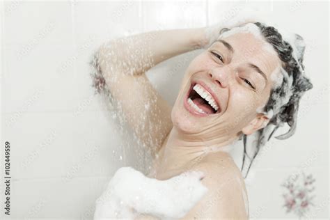 Shower Woman Happy Smiling Woman Washing Shoulder Showering In Stock Foto Adobe Stock