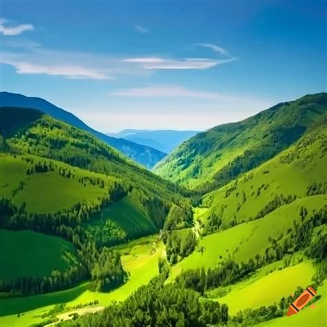 Breathtaking Panorama Of Lush Green Valleys Below A Clear Blue Sky On
