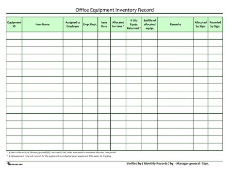 Office Equipment Inventory Record Spreadsheet Template Download