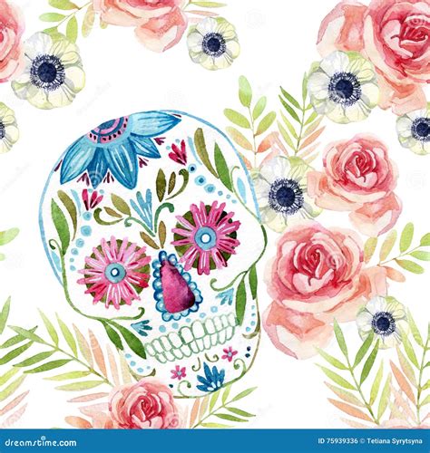 Watercolor Mexican Sugar Skull Among The Flowers Seamless Pattern